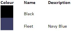 Columbine Black & Fleet Colour Guide